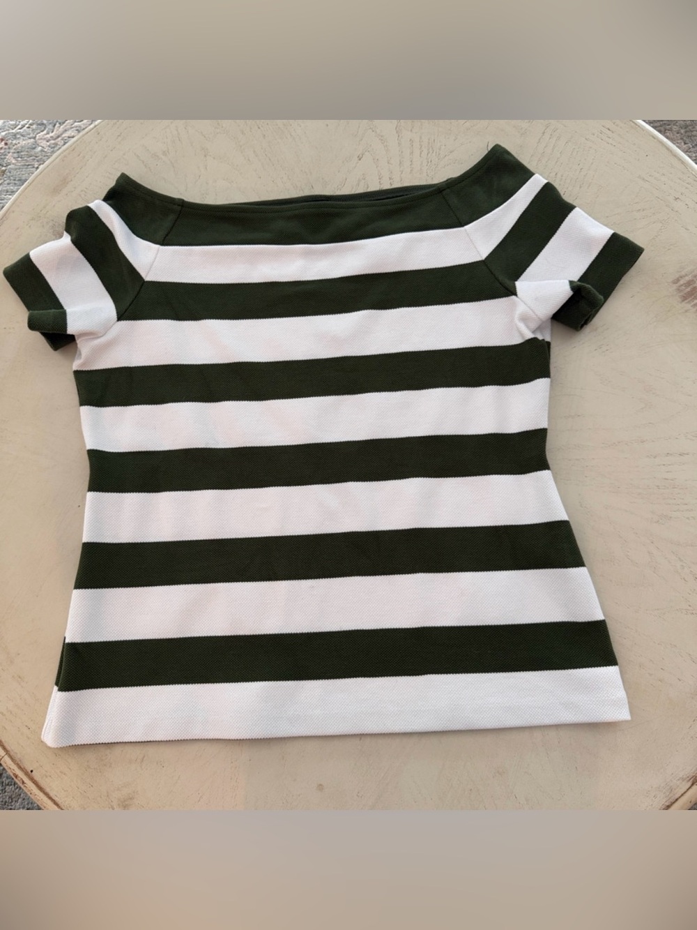 Ann Taylor Factory boatneck green white striped knit top sz large